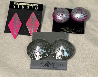Vintage 80s Metallic Earrings, Pierced, New Old Stock, 3 Pairs