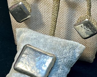 Amazing Vintage Sterling Silver Hammered Clip Earrings & Brooch Set