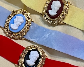1970s Velvet Ribbon Cameo Choker: Gold Tone Setting, Blue, Yellow, or Red