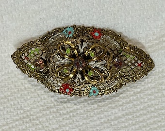 Art Deco Filigree Brooch: Colorful Rhinestone Flower Pin, West Germany