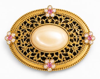 Beautiful, Classic Vintage 1928 Gold-tone Filigree Faux Pearl Brooch with Aurora Rhinestone Accents! In like new condition!