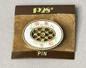 1928 Brand Vintage Enamel Brooch: Floral Painted Design