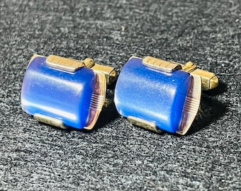 Vintage Men's Jewelry Cuff Links Signed Anson GoldTone Cobalt Blue Lucite Stones! EUC