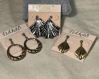 Vintage 1980s Dangle Earrings, Goldtone & Silvertone, Set of 3