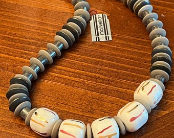 1980s Marvella Beaded Statement Necklace: Vintage Clay, Wood & Metal