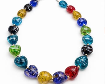 Gorgeous Heart Shaped Murano Glass Beaded 15in (w/3in ext) Necklace with Gold over 925 Clasp/chain