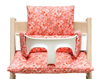 Ensemble de coussins d'assise LAVABLE compatible avec / convient uniquement à la chaise haute Tripp Trapp de Stokke Spring Orange-Rose Flowers Leaves