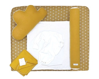 Matelas à langer lavable 70 x 85 cm bébé Happy Star jaune moutarde avec coussinets interchangeables - diverses options