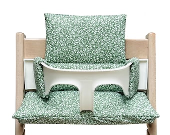 Ensemble de coussins d'assise LAVABLE compatible avec / convient uniquement à la chaise haute Tripp Trapp de Stokke Green White Flowers Leaves