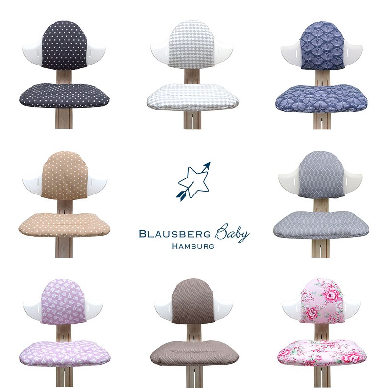 May include: Nine different patterned chair cushions for a children's chair. The cushions are in various colors and patterns, including polka dots, floral, and geometric designs. The chair is white with a wooden base.