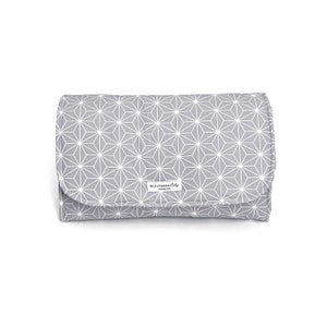 May include: Gray changing mat with a white geometric pattern and a white label that says "Blauberen Baby" in black text.