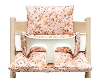 Ensemble de coussins d'assise LAVABLE compatible avec / convient uniquement à la chaise haute Tripp Trapp de Stokke Salmon Pink Apricot Flowers Leaves