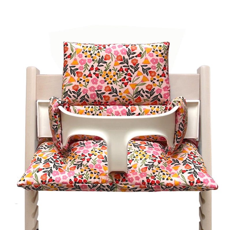 Tripp Trapp tvättbar sittdyna | Avtorkningsbar barnstolsdyna | Babypresent | Barnstolsdyna set | Handgjord tysk glad blomma rosa bild 2