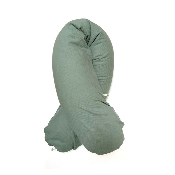 Nursing pillow COVER muslin in sage green with nest building function, 190 x 38 cm, material Oeko-Tex 100 certified, e.g. Theraline "The Original"