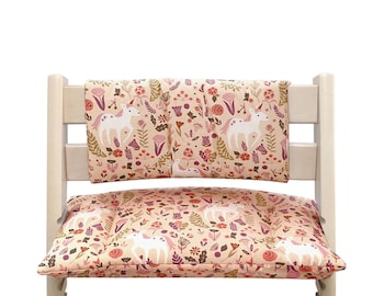 Juego de cojines lavables para trona infantil, compatible únicamente con la trona Tripp Trapp de Stokke, colores albaricoque, rosa y unicornio.