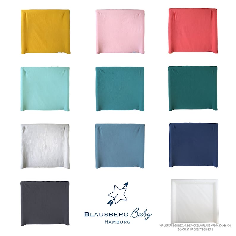May include: A set of ten changing pad covers in various colors, including mustard yellow, pink, coral, teal, light blue, navy blue, gray, white, and a dark gray. The covers are made of a soft, breathable fabric and are designed to fit standard changing pads. The image also includes the company logo, "Blausberg Baby Hamburg".