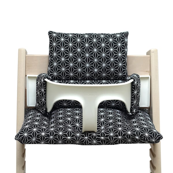 Ensemble de coussins de siège LAVABLES compatibles avec / s'adapte uniquement à la chaise haute Tripp Trapp de Stokke Happy Star Noir