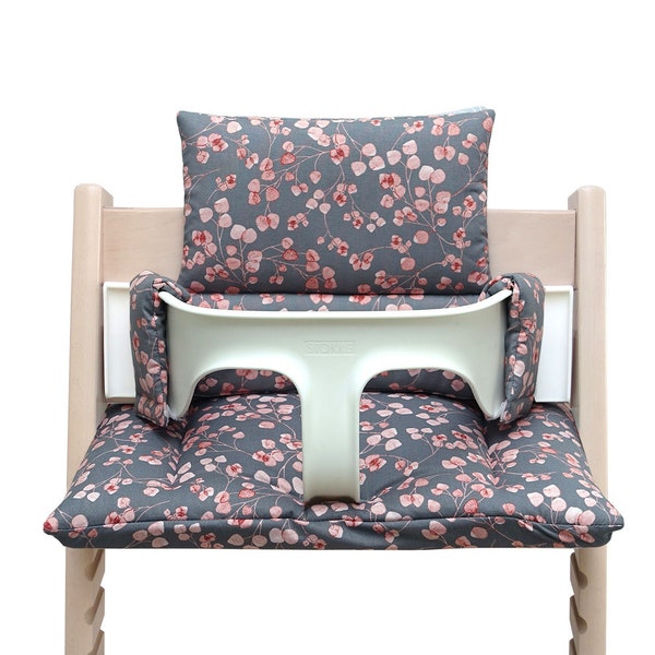 Ensemble de coussins de siège compatible avec/s'adapte uniquement à la chaise haute Tripp Trapp de Stokke Taupe Pink Leaves