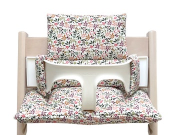 Seat cushion set compatible with / only fits the Tripp Trapp high chair from Stokke flowers leaves white pink green