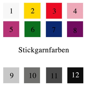 May include: A chart of 12 colored squares with numbers 1 through 12. The text "Stickgarnfarben" is below the squares.