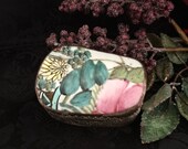 Antique box porcelain floral shard silver box jewelry, storage or snuff container hand painted porcelain lid