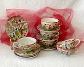 Oriental teacups and saucers set hand painted Geisha Japanese fine eggshell China