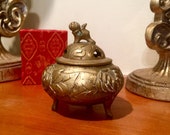 Chinese burner, censer, brass ROC footed high relief design vintage oriental collectibles