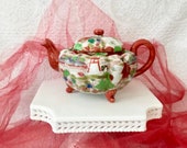 Asian antique teapot Kutani melon shaped footed hand painted Geisha Japanese fine eggshell China