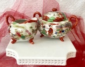 Asian ceramic antique sugar bowl creamer set eggshell bone china Satsuma hand painted geisha village kitchenwares