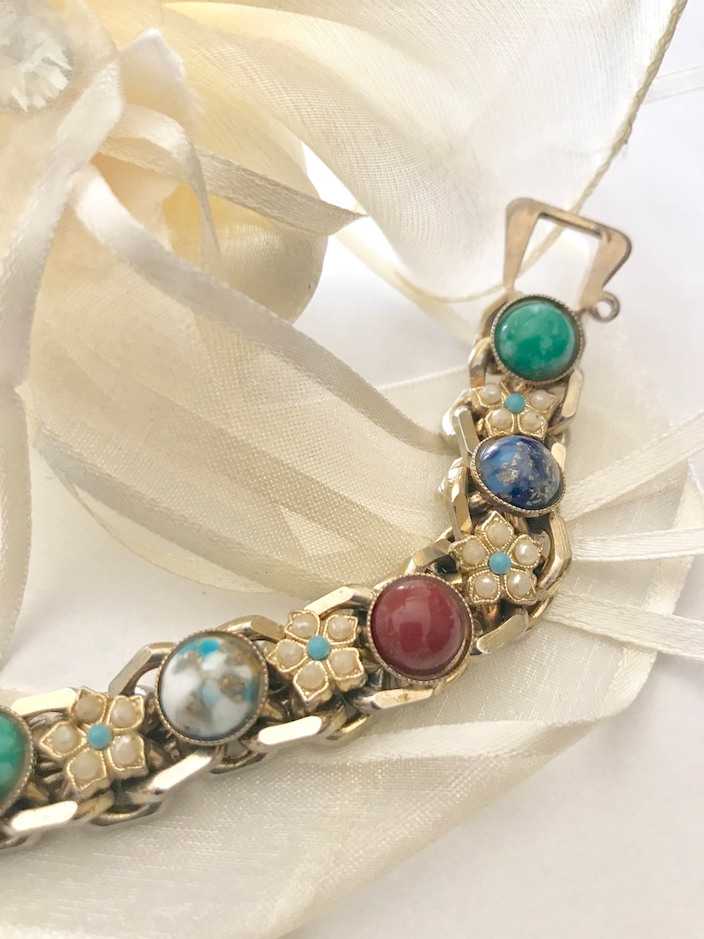 Gemstone bracelet multi colored pearl seed accents mid century fashion