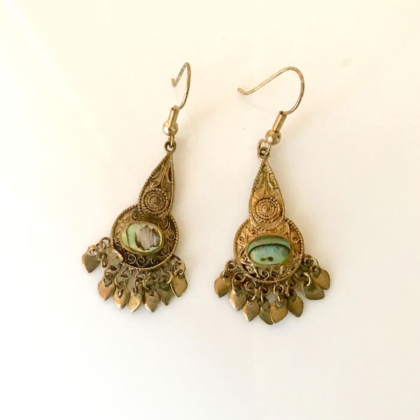 Abalone copper earrings filigree motif design dangle pierced ear wire fashion jewelry
