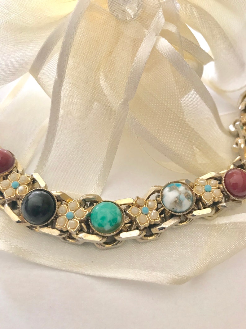 Gemstone bracelet multi colored pearl seed accents mid century fashion