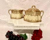 Antique bone china , Nippon creamer sugar bowl set encrusted gold moriage gilded hand painted Nippon china 1890s circa elegant tableware