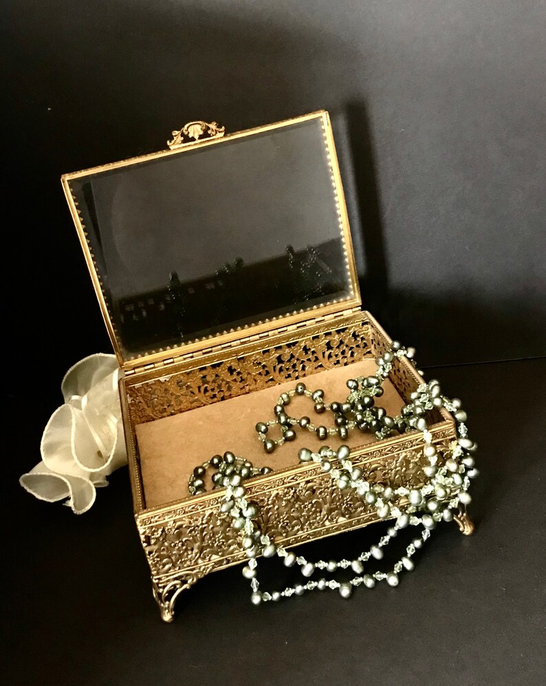 Victorian Dresser Box Jewelry Casket Gold Filigree Beveled Etsy