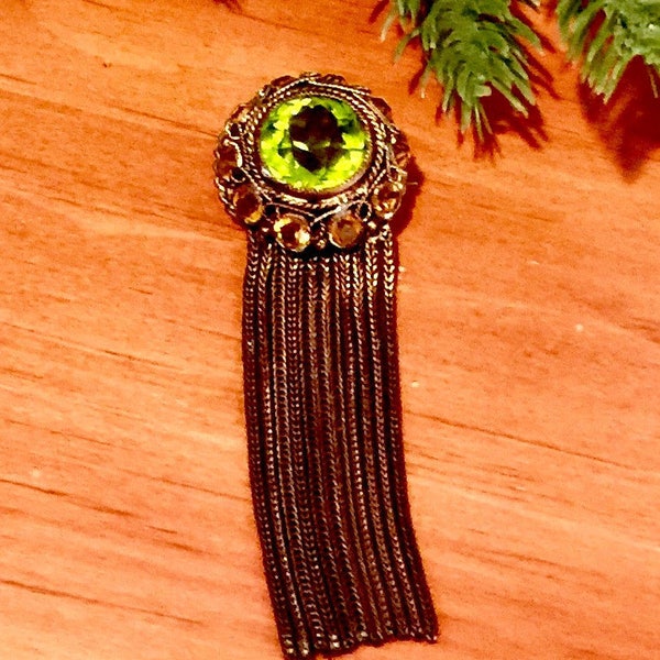 Reserved Pam Antique jewelry Art Nouveau peridot and citrine stones brooch pin chain tassels