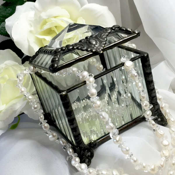 Vintage Beveled Glass Jewelry Footed Box With Beveled Pyramid Lid............https://www.etsy.com/shop/CoCoBlueTreasures