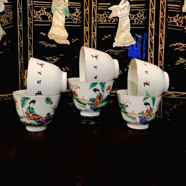 Tea cups Oriental geisha porcelain fine old hand painted wine tea cup set signed and hallmarked