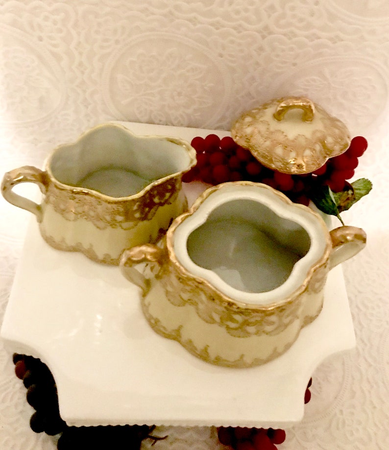 Antique Nippon creamer sugar bowl set encrusted gold moriage Etsy