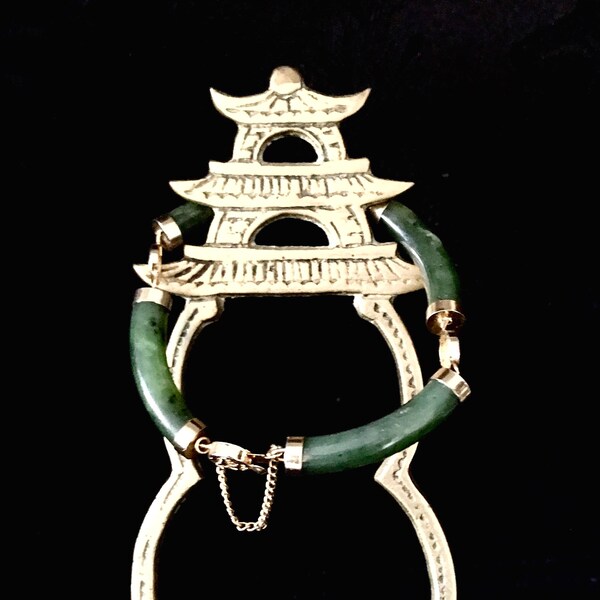 Chinese Jade bracelet rolled gold links tube design vintage jewelry 1960's