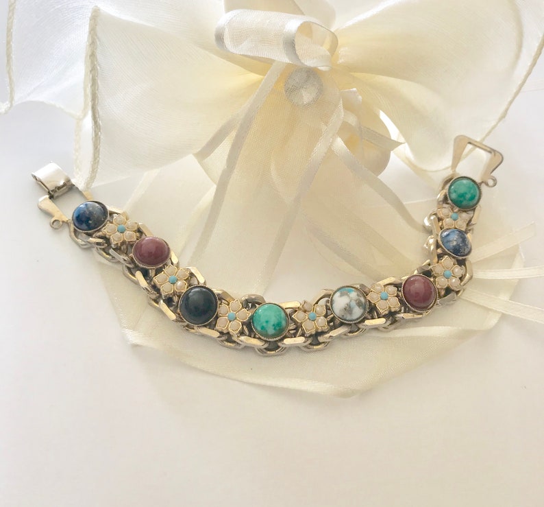 Gemstone bracelet multi colored pearl seed accents mid century fashion