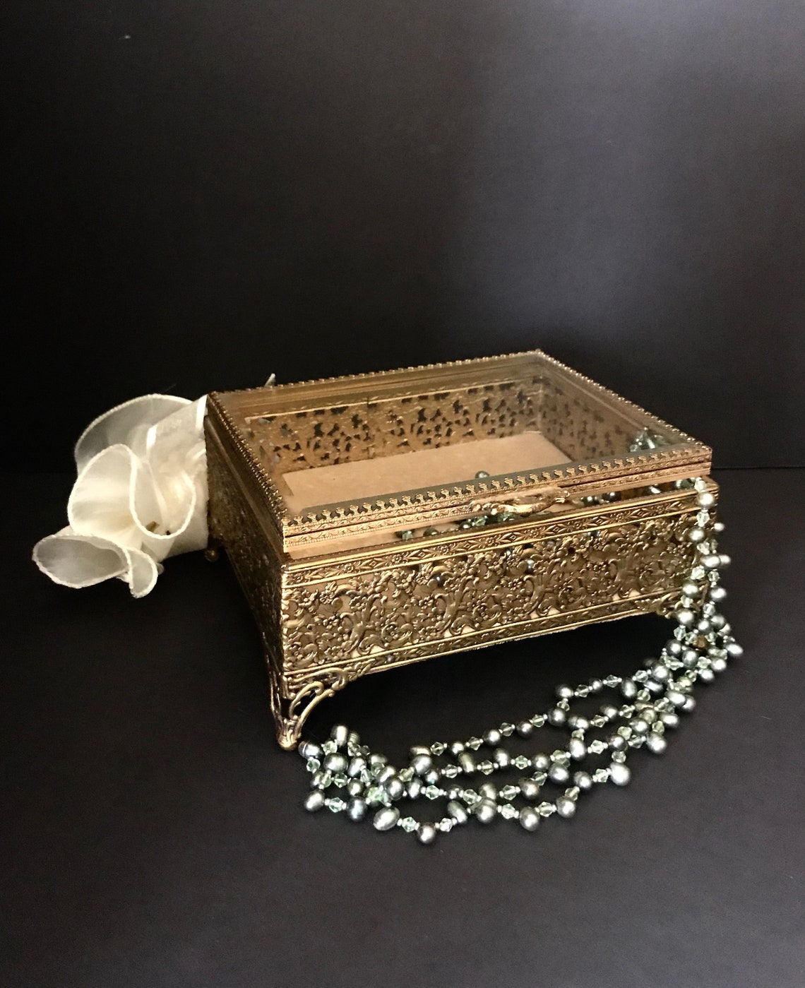 Victorian dresser box jewelry casket gold filigree beveled Etsy
