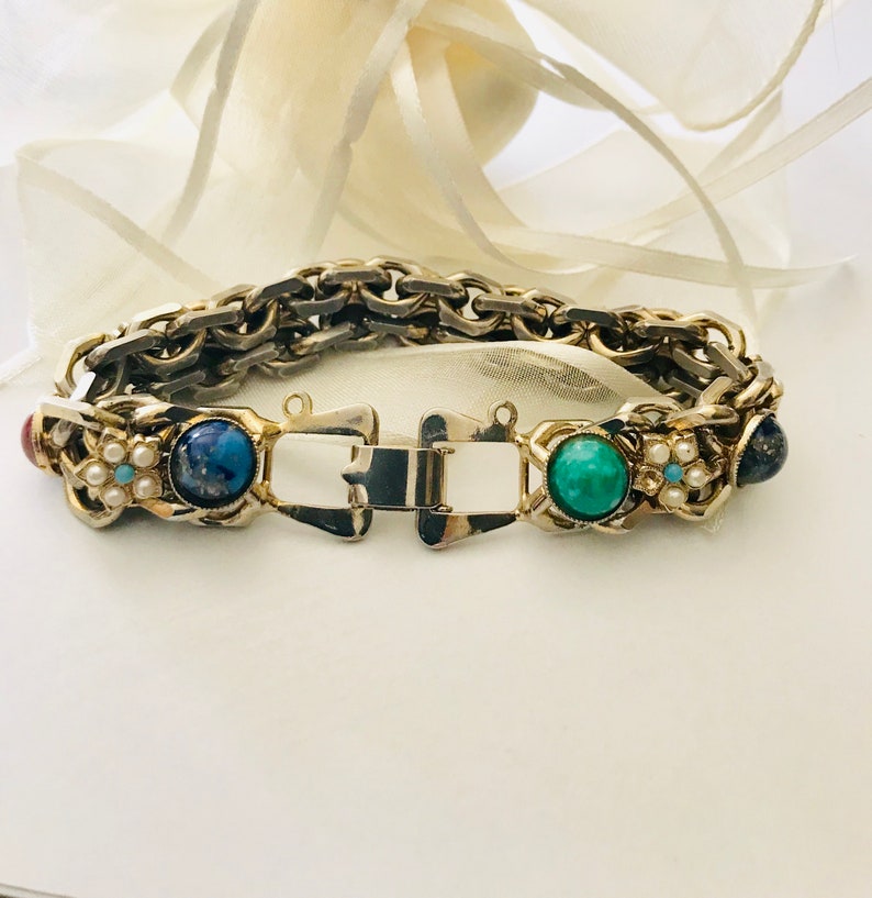 Gemstone bracelet multi colored pearl seed accents mid century fashion
