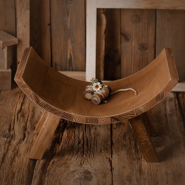 Wooden curved chair for newborn and baby photography sessions, half moon bench photo prop, great toddler and sitter boho sessions accessory.