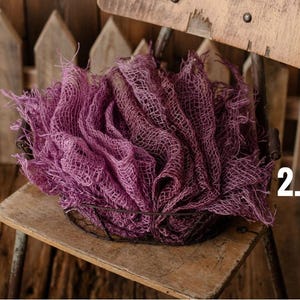 Capa de yute para fotografía de recién nacidos, accesorio de tela de arpillera natural rústica para sesiones de fotos de bebés en tonos morados, regalo para un fotógrafo