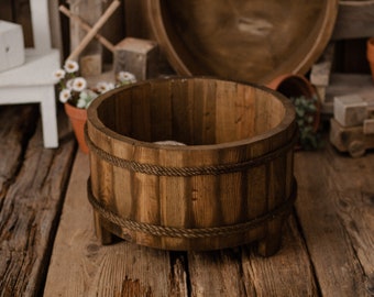 WOODEN BOWL in washtub style. newborn props, Real wooden photo prop for newborns and sitters. Newborn and baby photo prop.