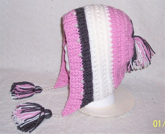 Handcrafted Hood White/off white Crochet Hat adorned  pinkish Handmad pink hat with a white bow Cute cat hat crochet  main image 4