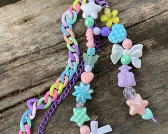 Colorful Beaded Bag Charm: Pastel Keychain with Stars & Hearts