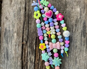 Colorful Beaded Bag Charm: Pastel Keychain with Stars & Hearts