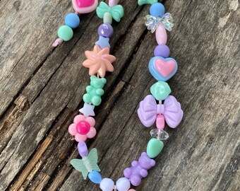 Colorful Beaded Bag Charm: Pastel Keychain with Bows & Gummy Bears