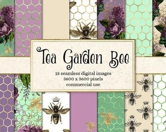 18 Seamless Digital Papers - Garden Honey Bee Patterns - Honeycomb -  Scrapbooking - Wedding - Party Invitations